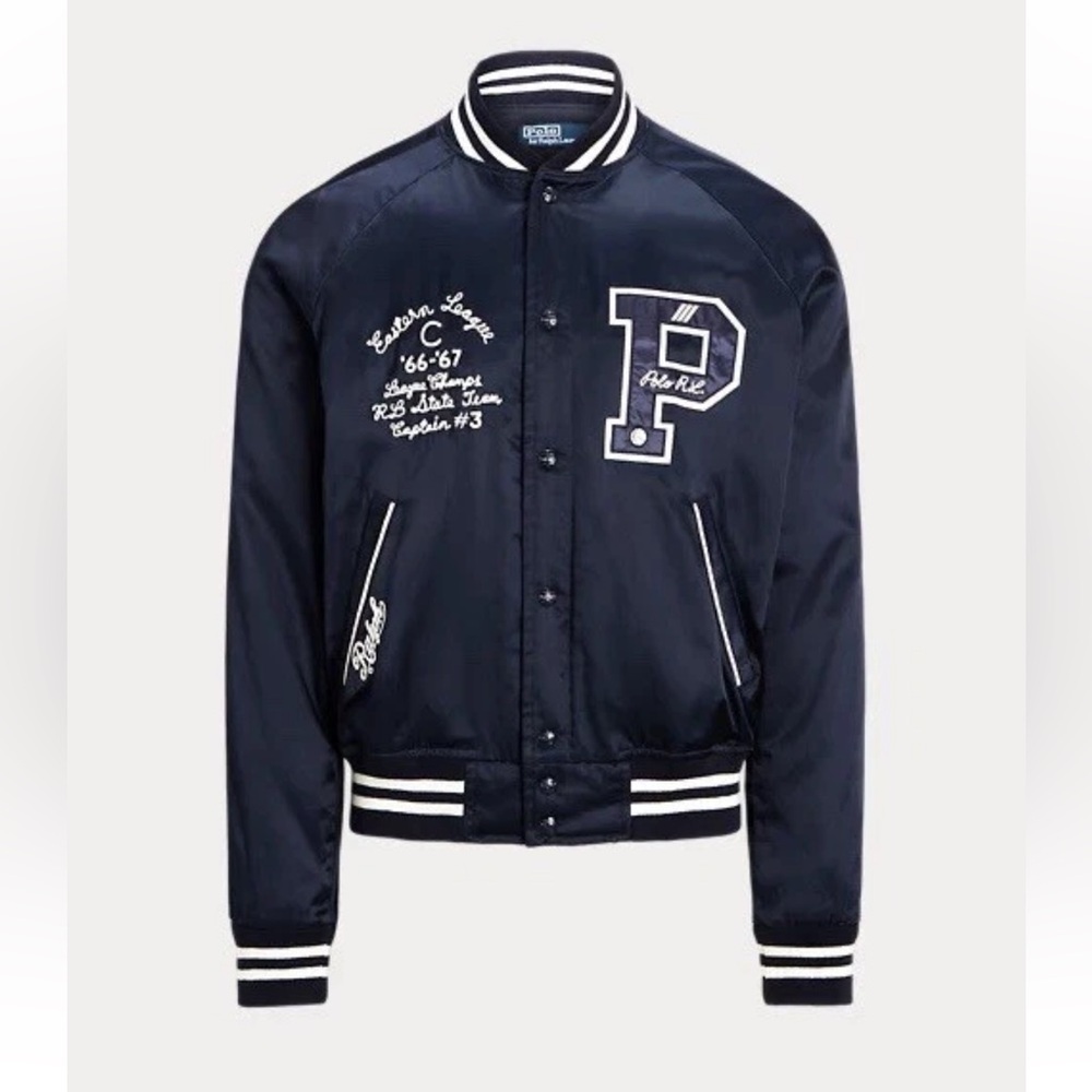Polo Ralph Lauren Men’s Satin Letterman Varsity Jacket in Aviator Navy